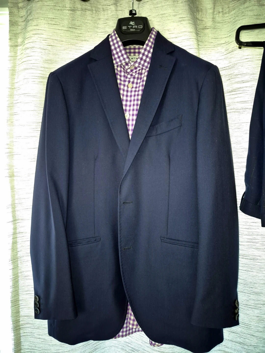Etro Milano Men's Navy Blazer with Purple Gingham Shirt