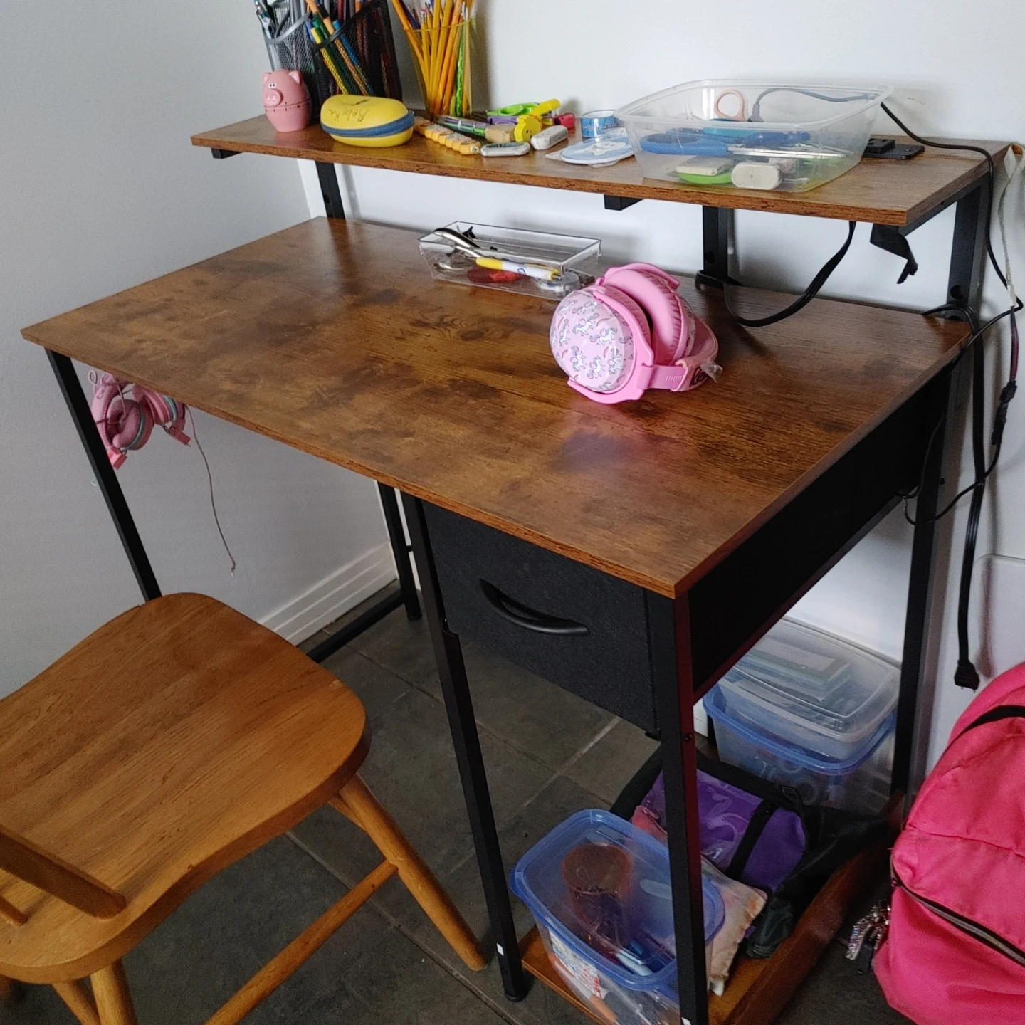 Wooden Desk with Drawer and Shelf - photo 4
