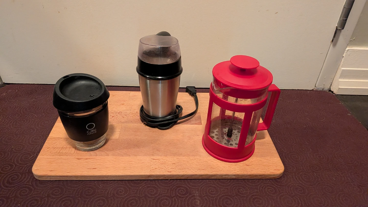Coffee Grinder, French Press, Travel Mug, Cutting Board Set