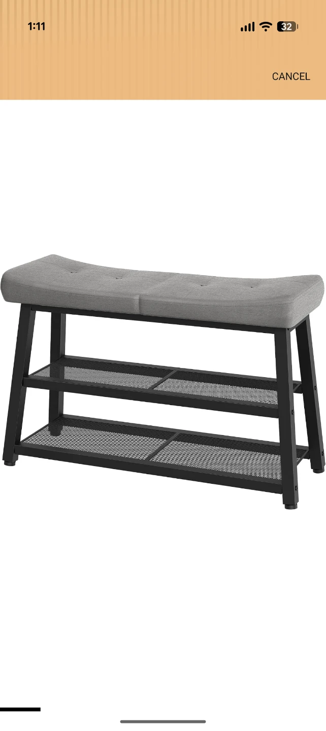 Grey Upholstered Entryway Bench with Shoe Rack