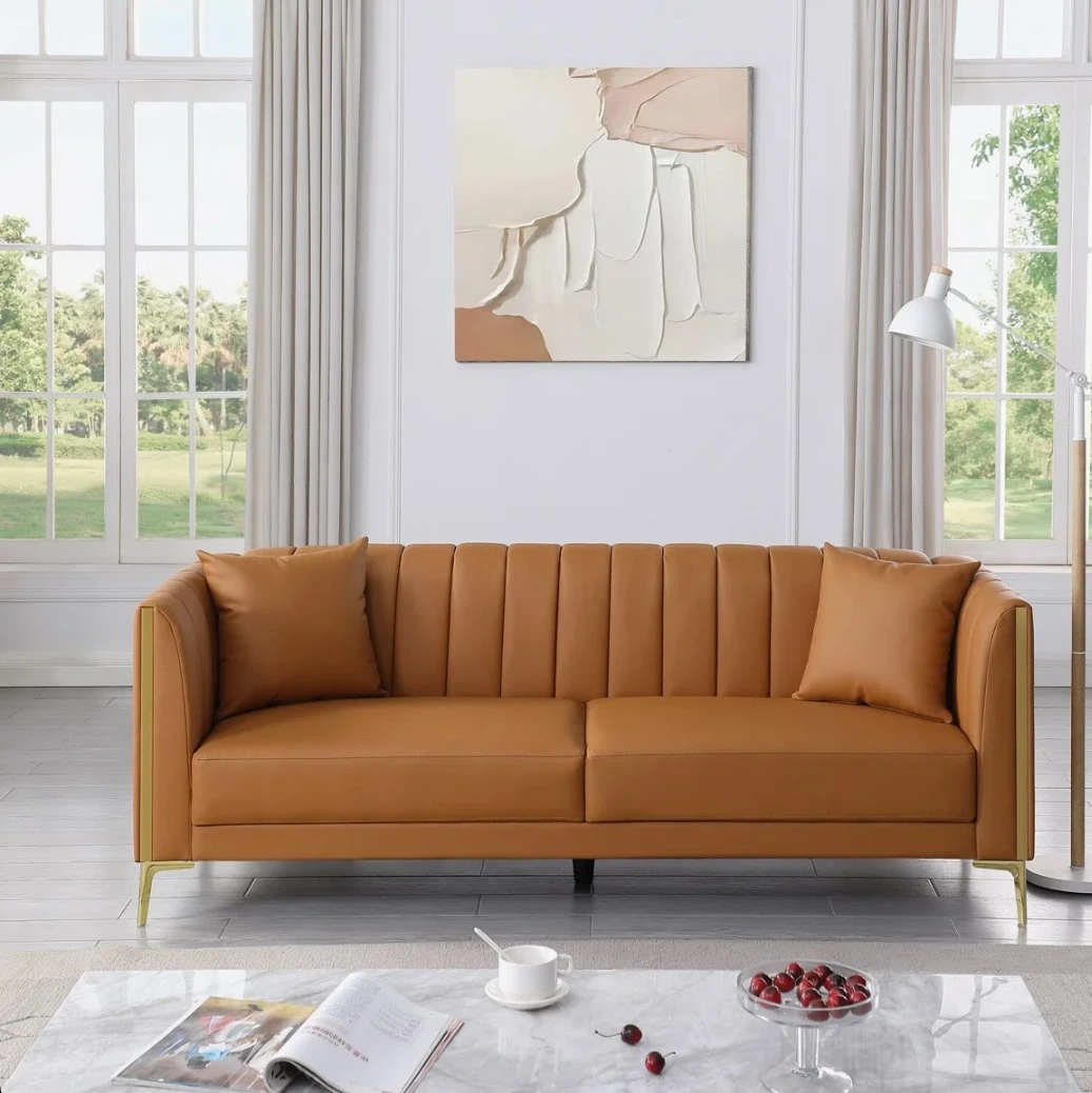 Brown Faux Leather Sofa with Gold Accents