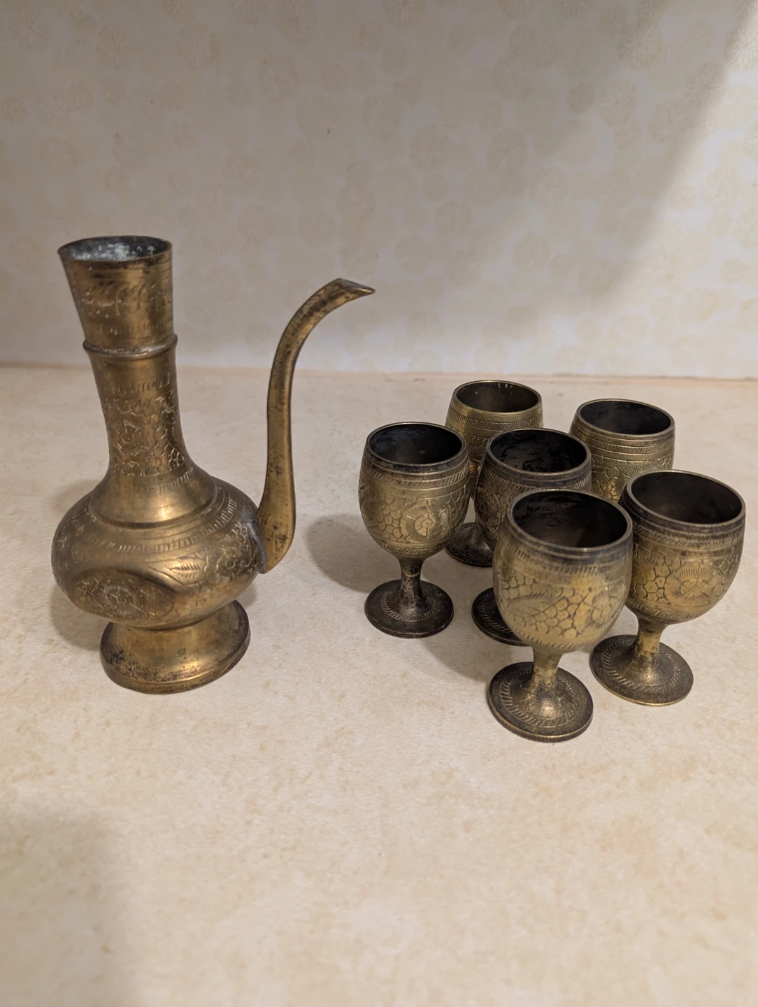 Brass Pitcher and 6 Small Cups Set