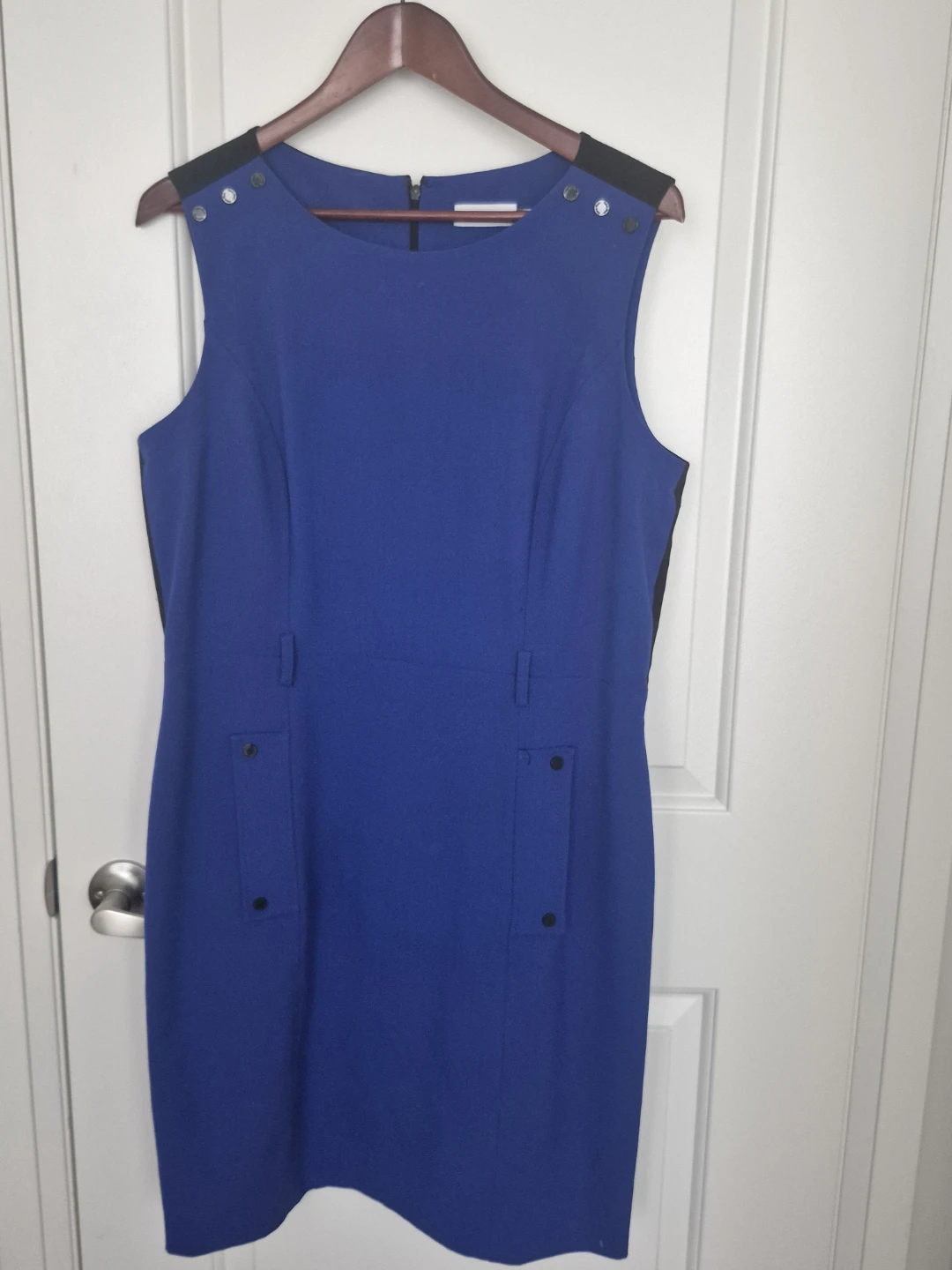 Blue Sleeveless Sheath Dress with Black Accents