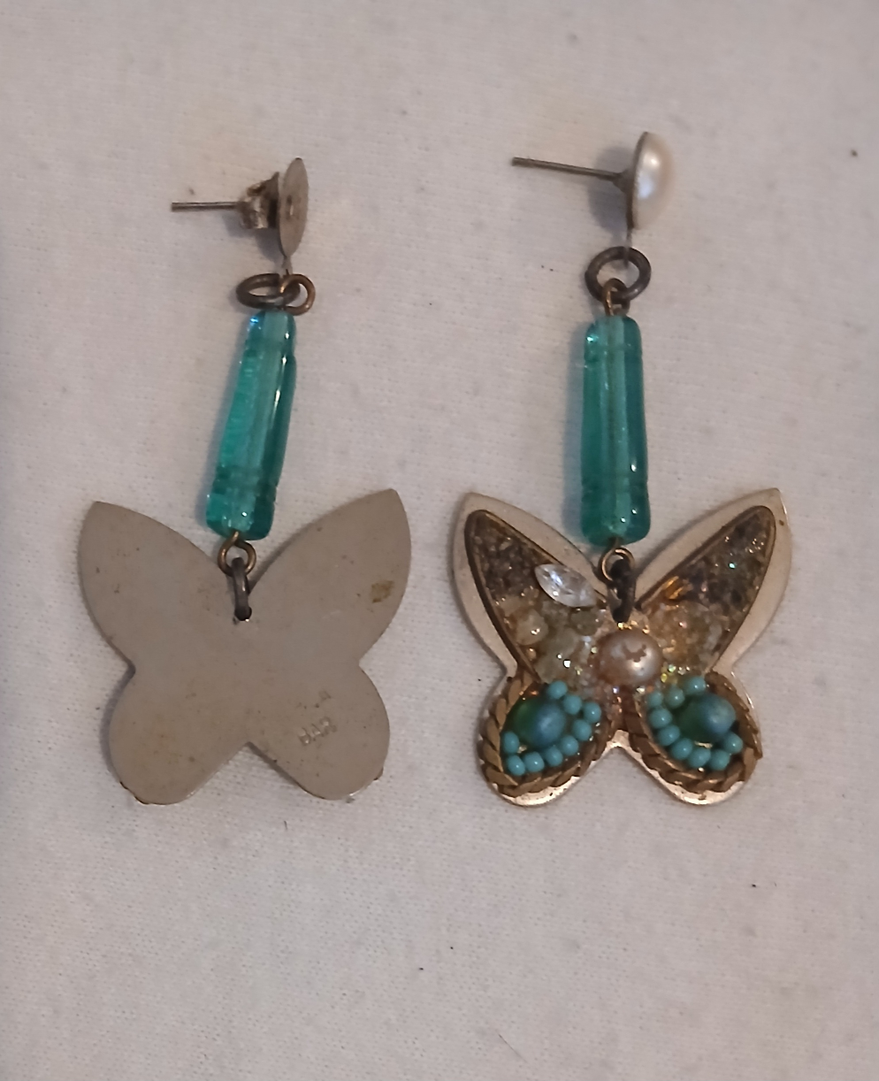 Butterfly Dangle Earrings with Blue Beads