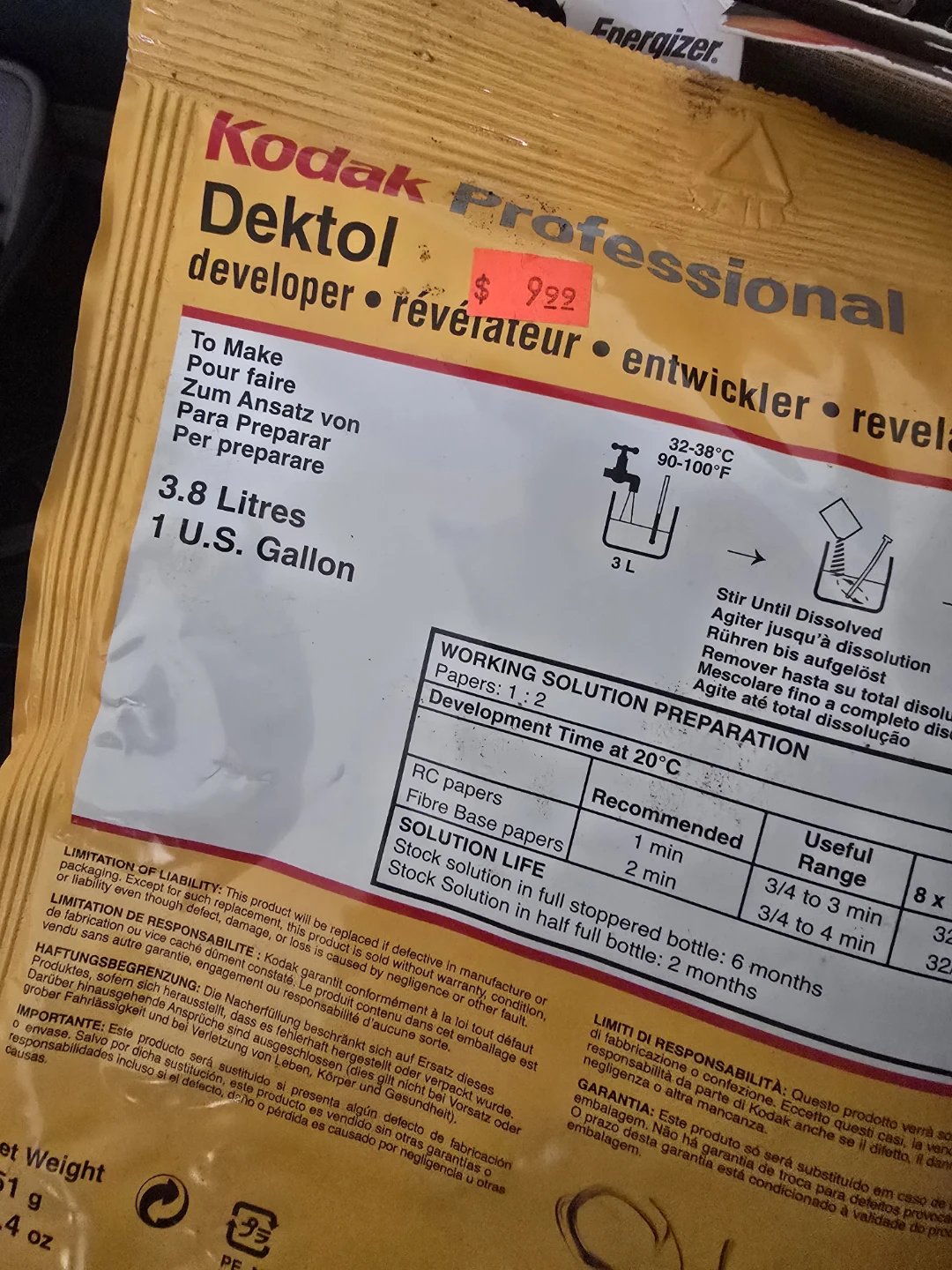 Kodak Professional Dektol Developer 3.8 Litres / 1 U.S. Gallon