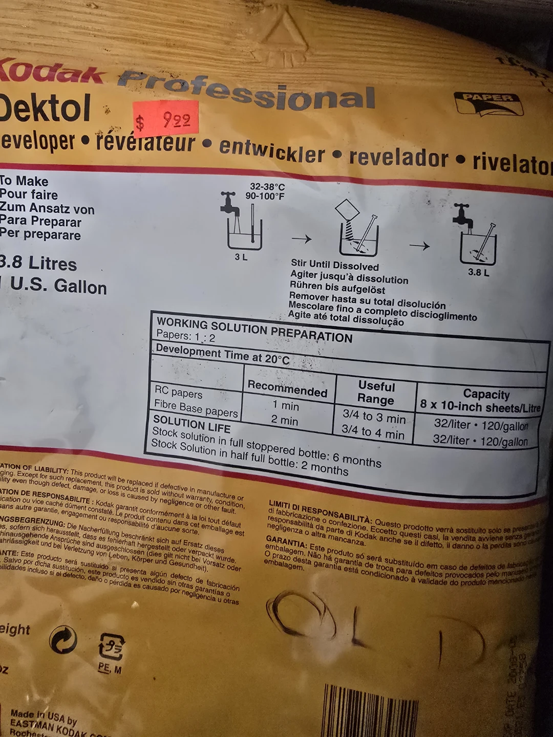 Kodak Professional Dektol Developer 3.8 Litres / 1 U.S. Gallon - photo 2