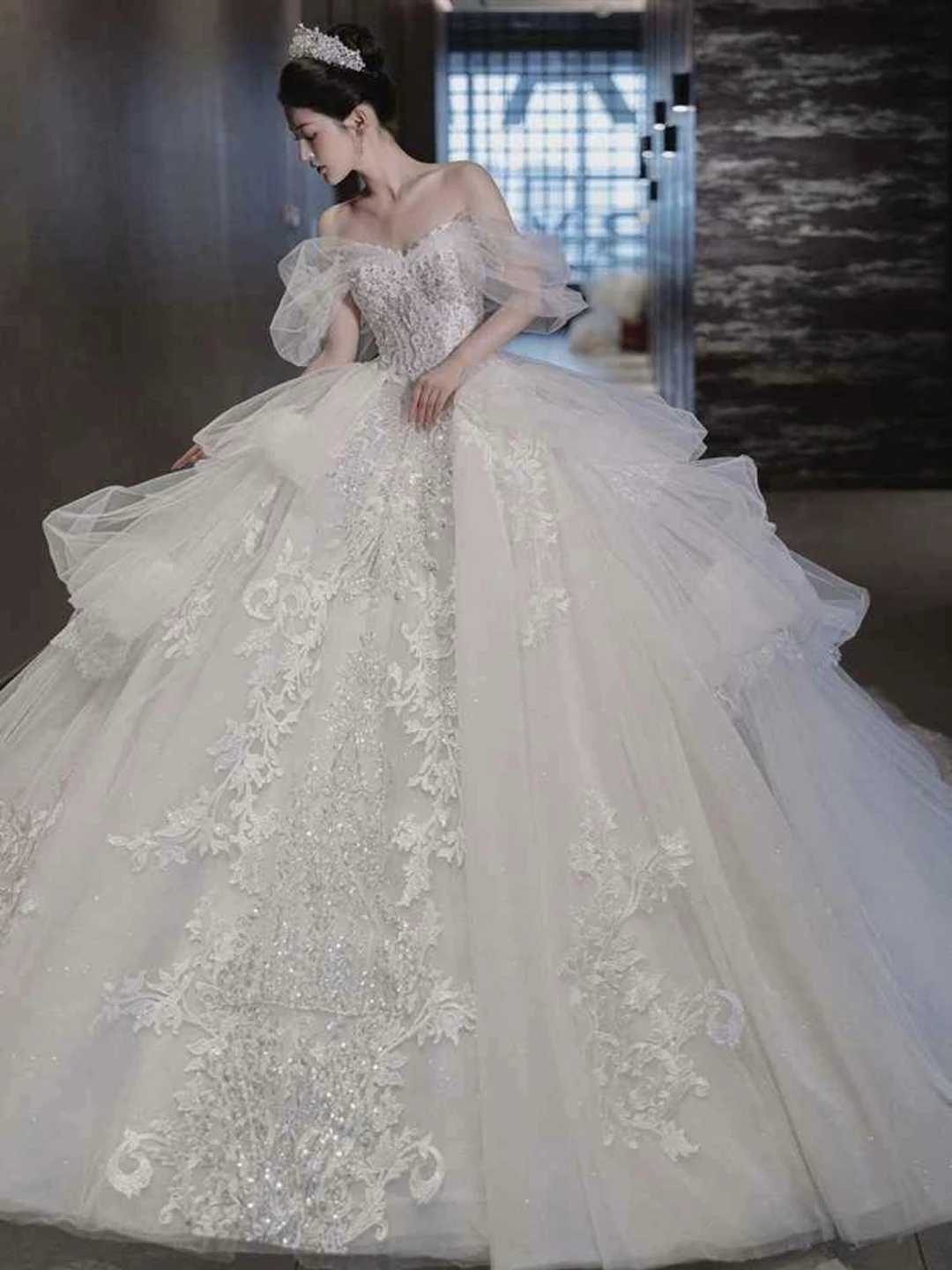 White Off-the-Shoulder Wedding Dress with Beading - photo 3