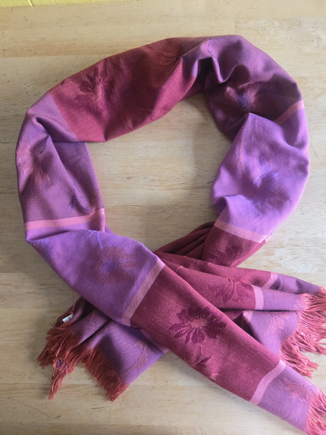 Pink and Burgundy Floral Scarf with Fringe