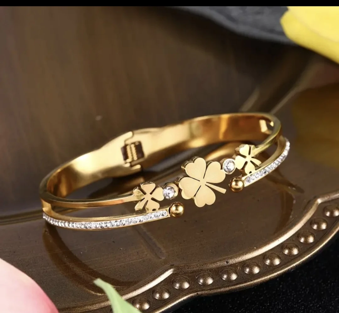 Gold Clover Bangle Bracelet with Crystals