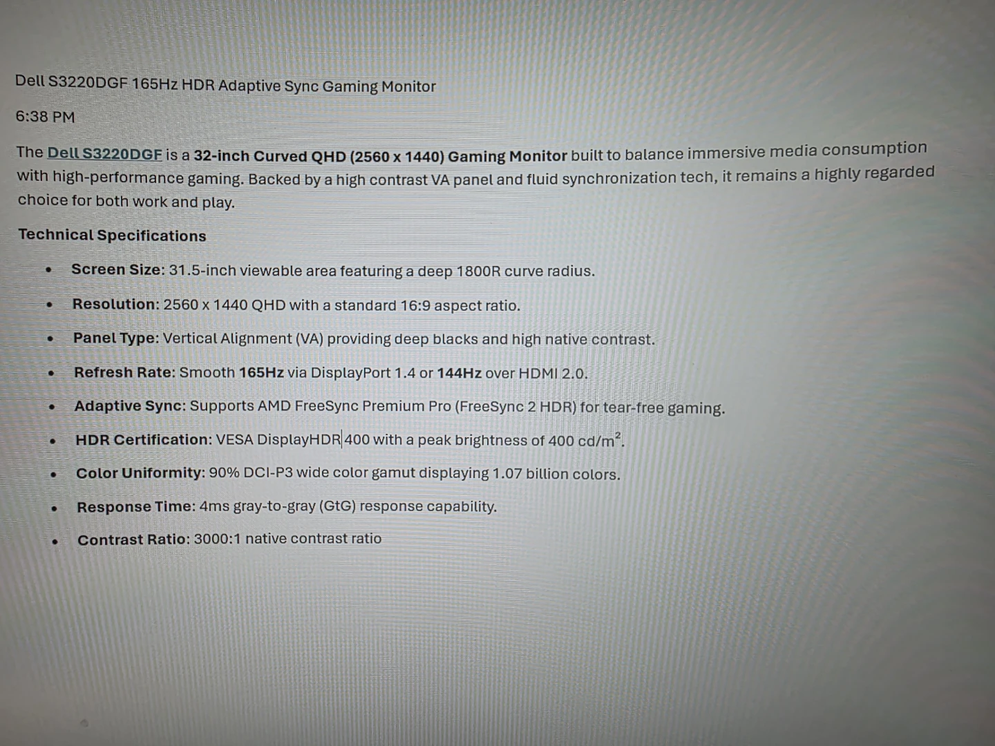 Dell S3220DGF 32-inch Curved QHD 165Hz Gaming Monitor - photo 2