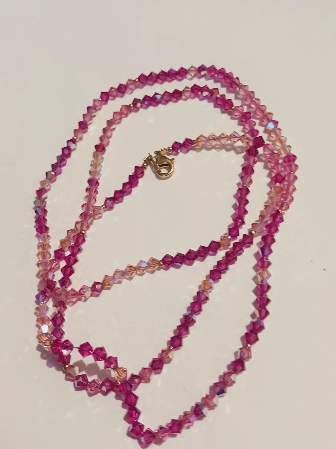 14K Gold Clasp Stamped Pink Crystal Beaded Necklace