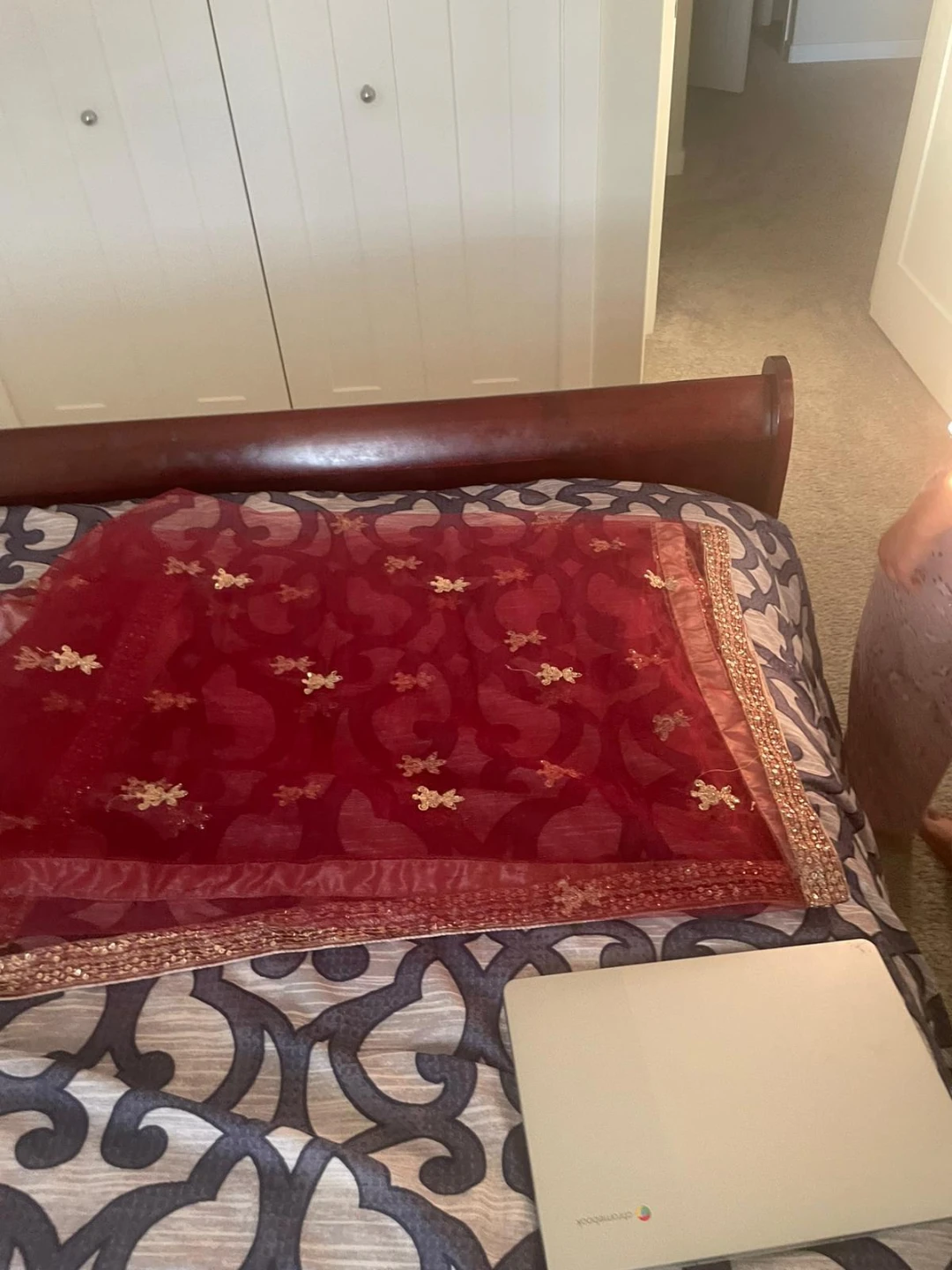 Maroon Net Dupatta with Gold Embroidery