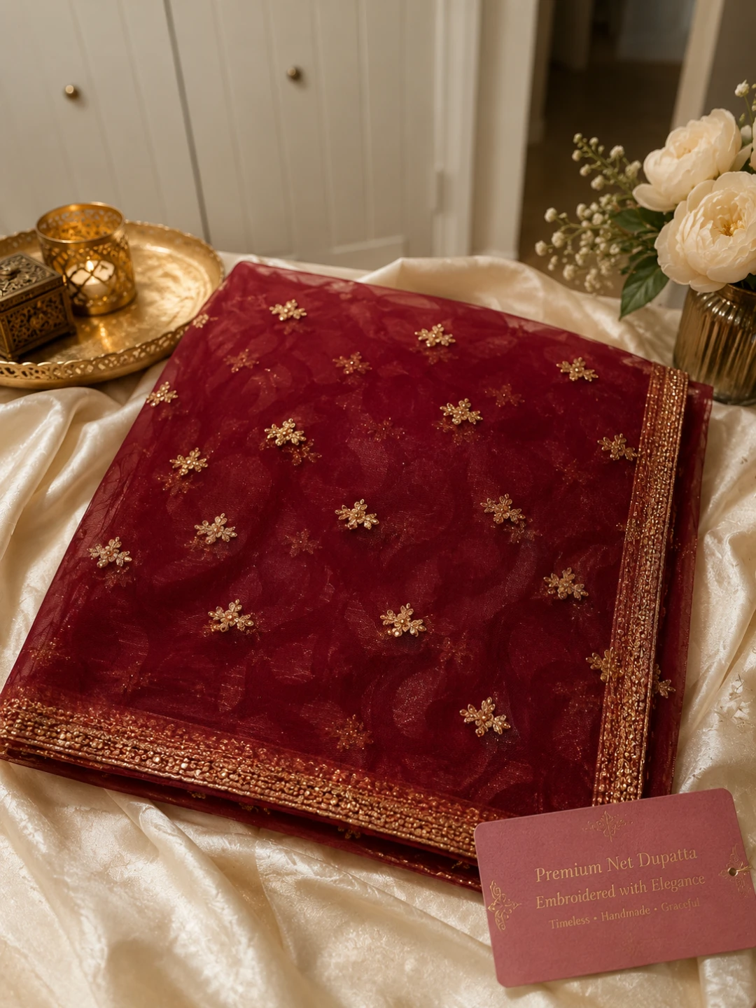 Maroon Net Dupatta with Gold Embroidery - photo 2