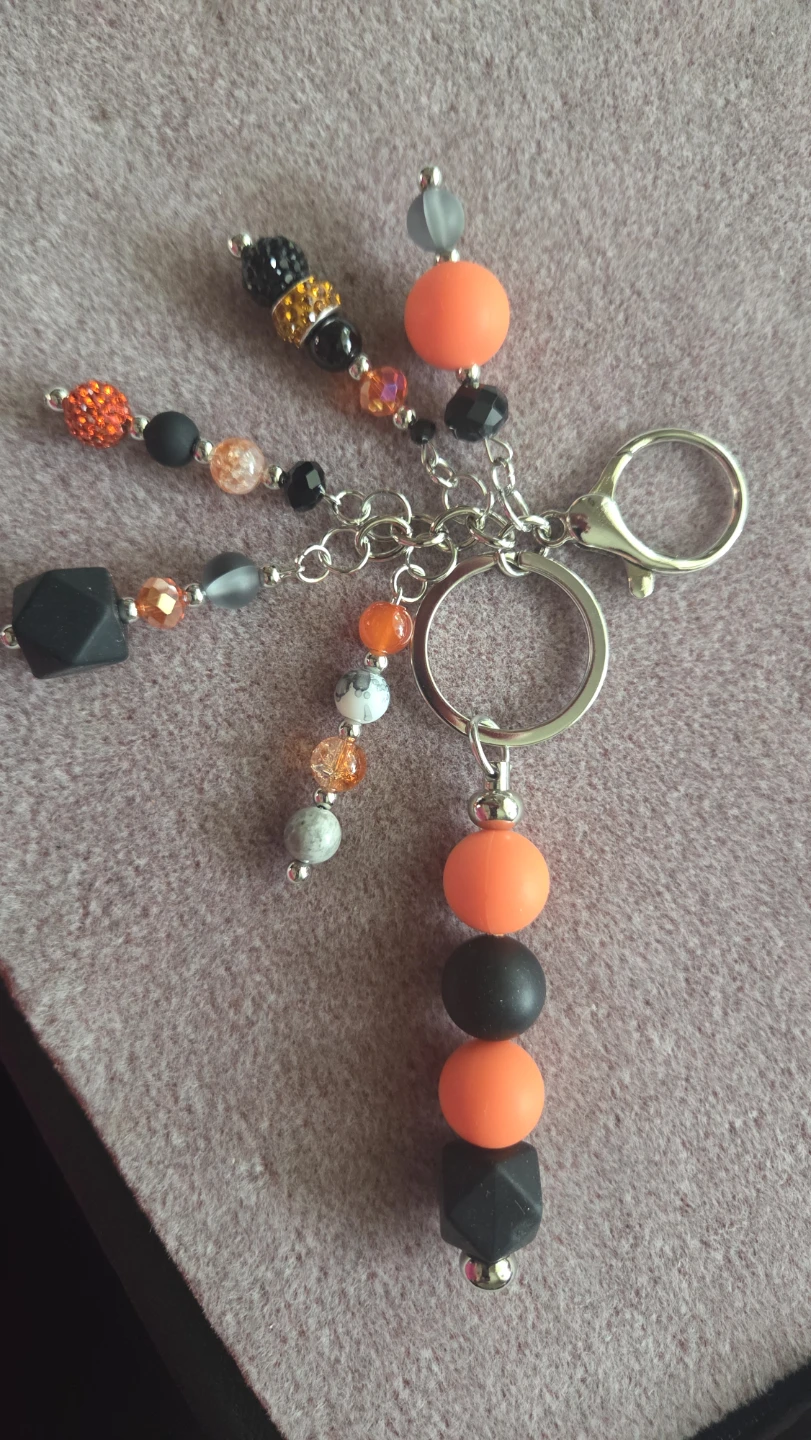 Orange, Black, and Silver Beaded Keychain Charm