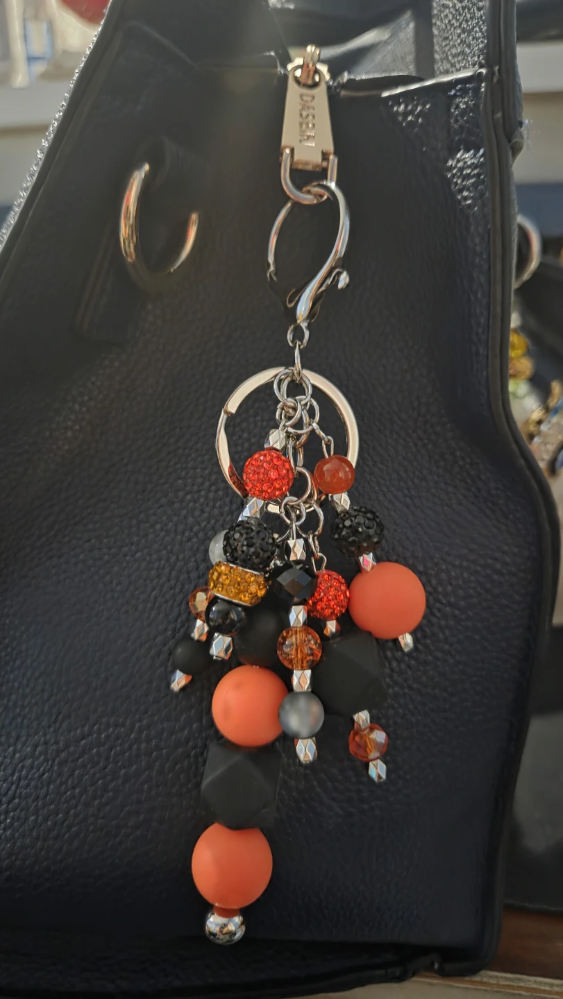 Orange, Black, and Silver Beaded Keychain Charm - photo 5