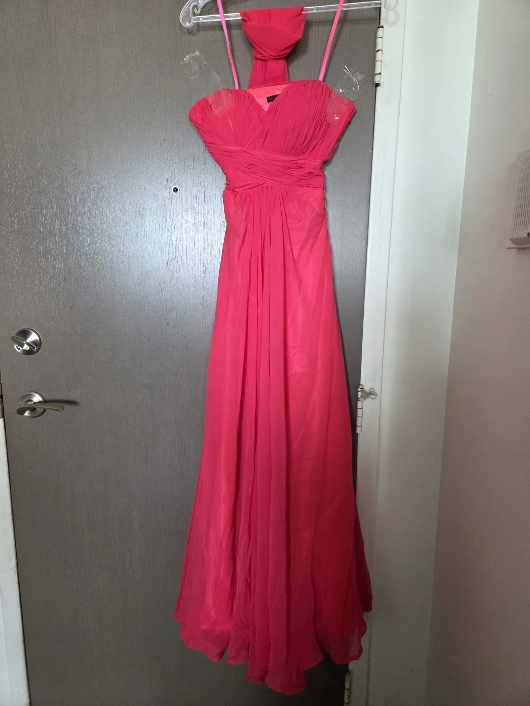 Hot Pink Chiffon Gown with Beaded Accent