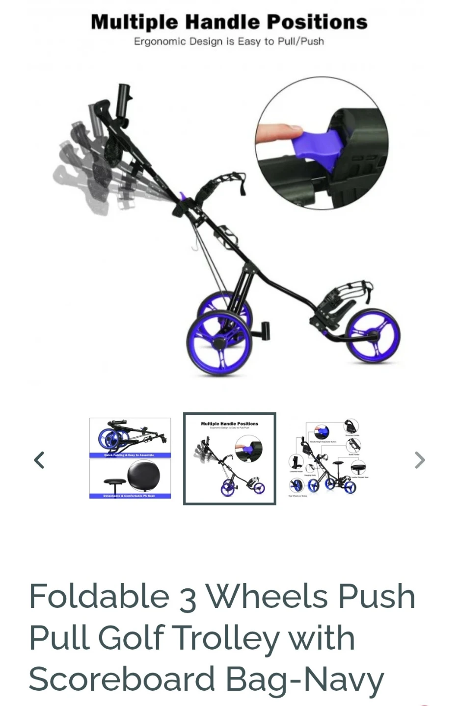 Foldable 3 Wheels Push Pull Golf Trolley - Navy - photo 5
