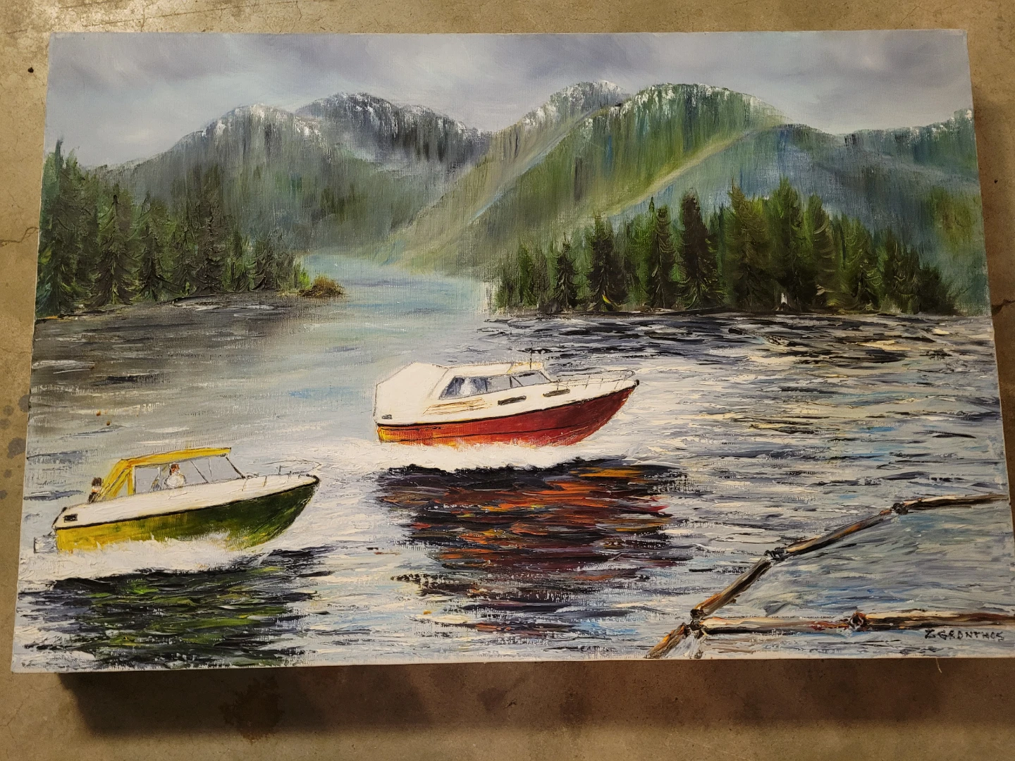 Oil Painting: Boats on a Lake with Mountains ⚽️