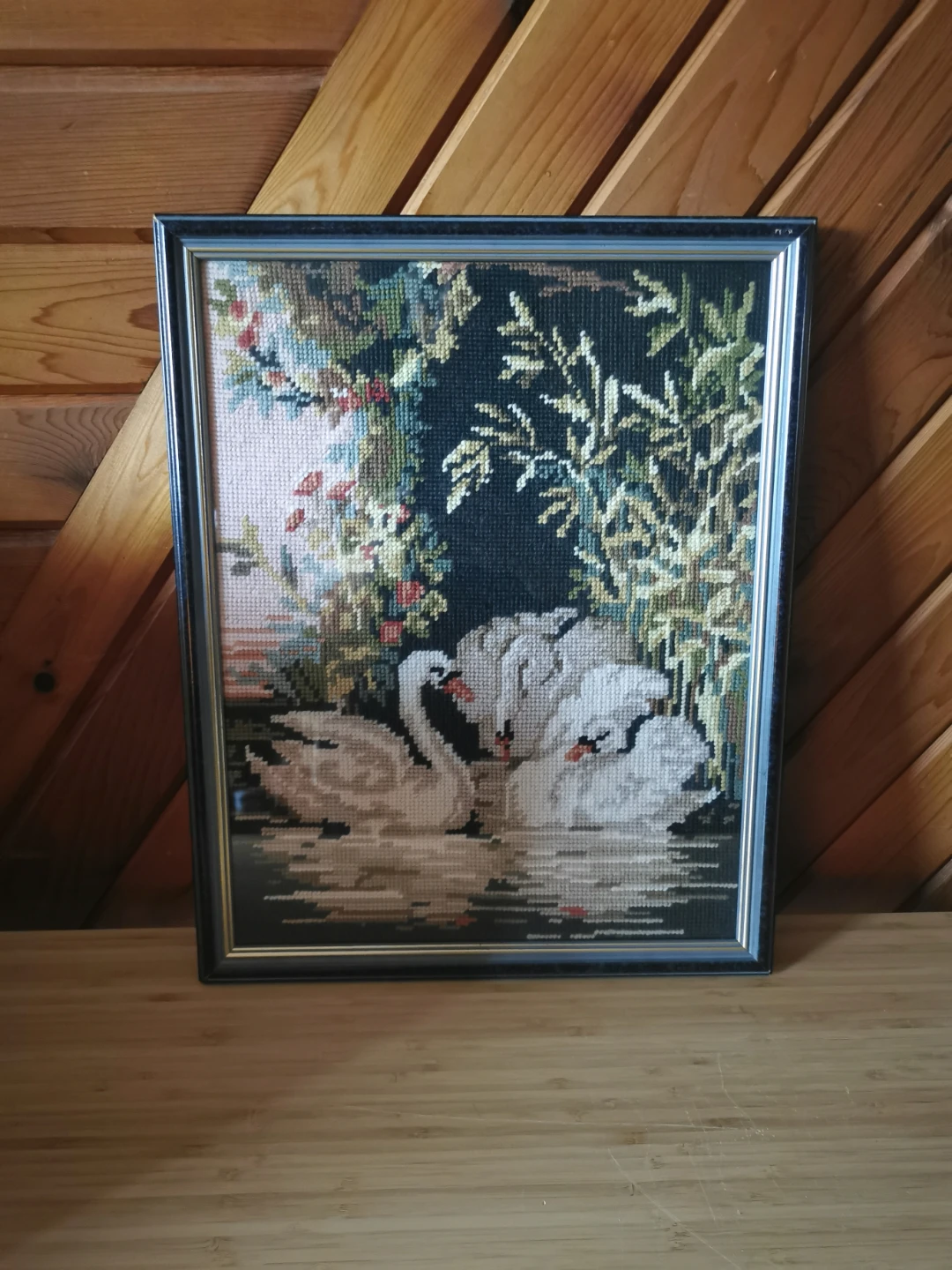 Vintage Framed Petit Point Swans Needlepoint