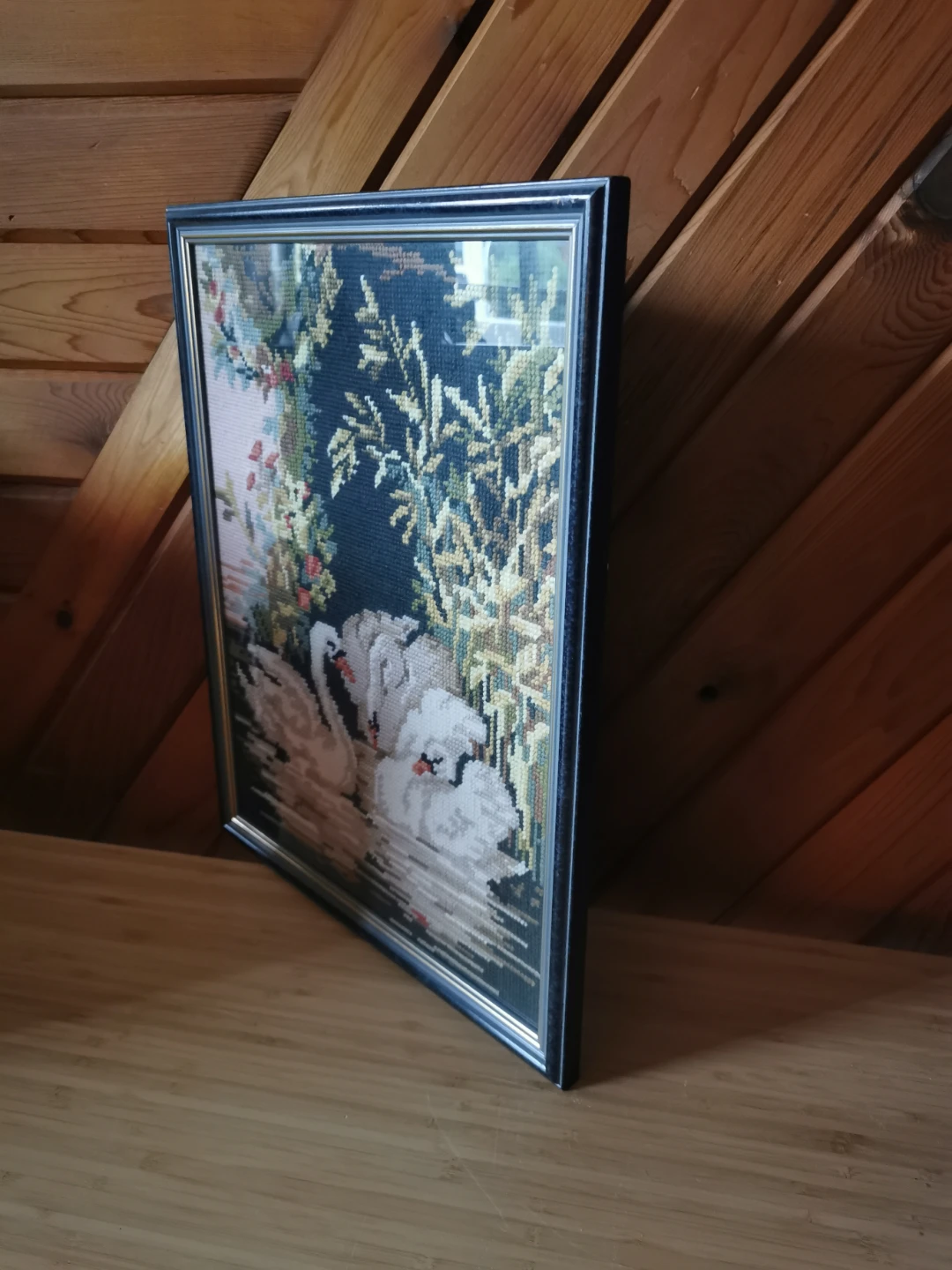 Vintage Framed Petit Point Swans Needlepoint - photo 5