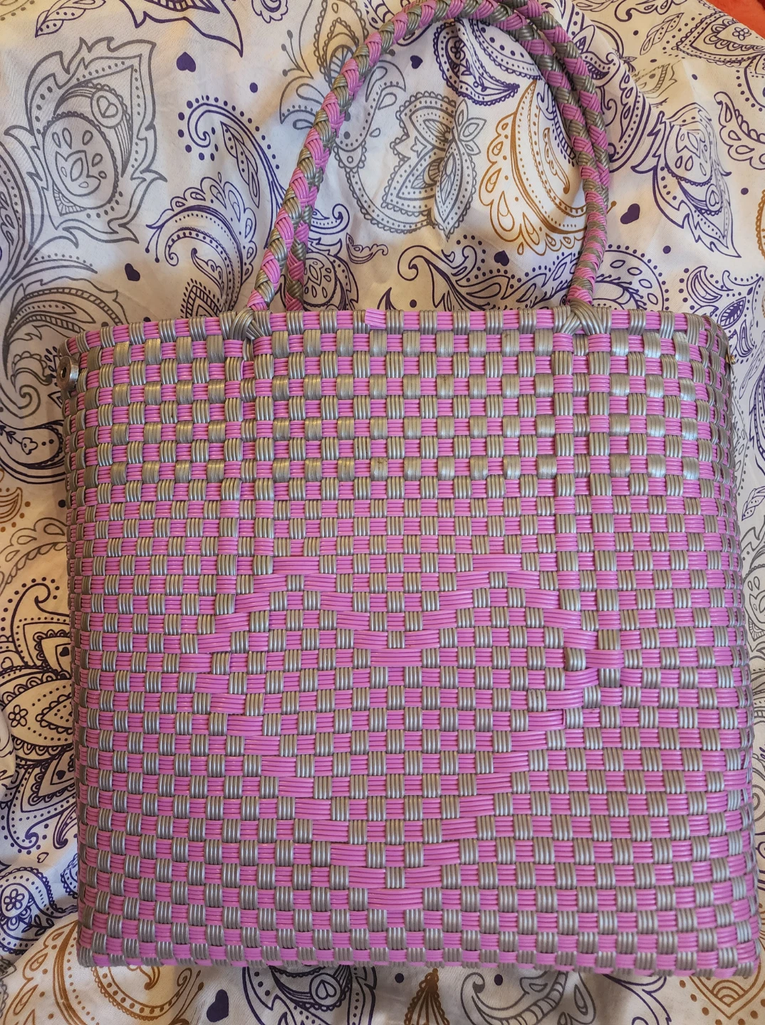 Woven Tote Bag Pink/Silver