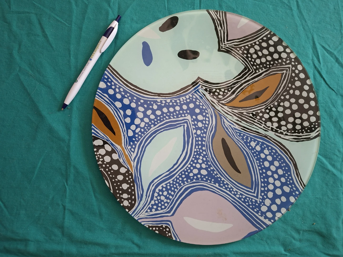 Decorative Glass Plate with Indigenous Art Style Design