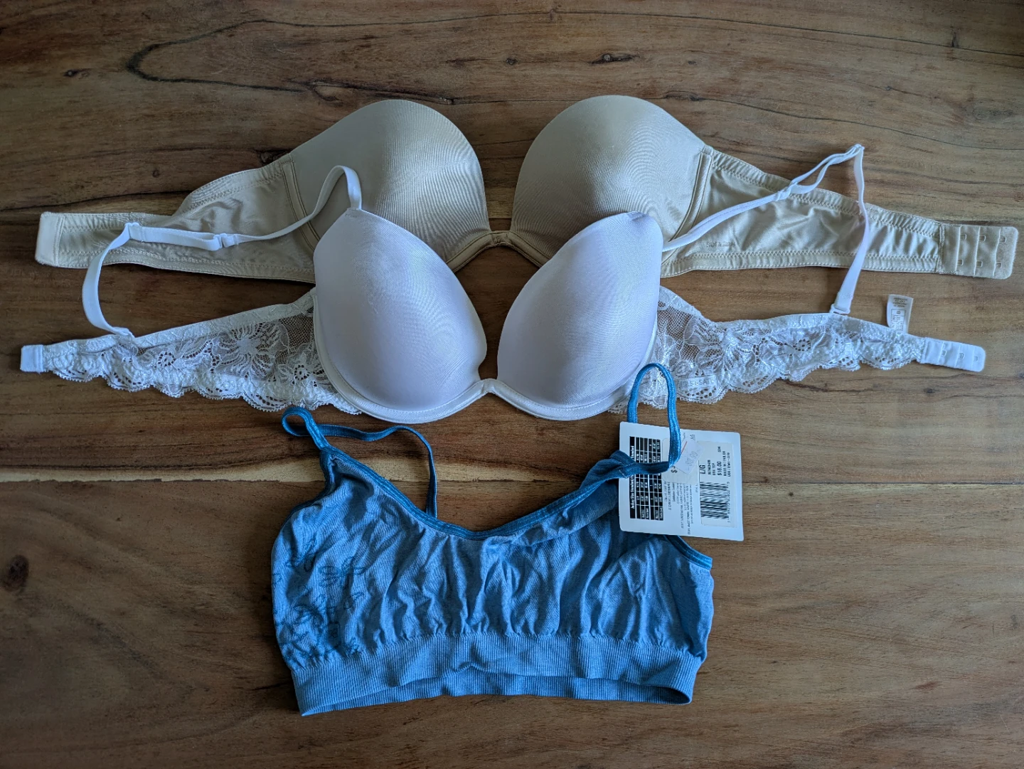 3 Bras (36B): Beige Strapless, White Lace, Blue Smocked