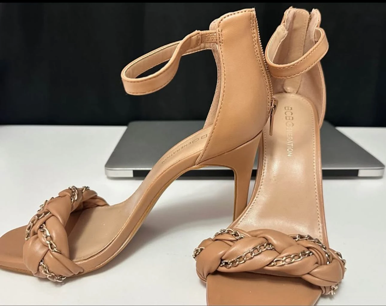 BCBGeneration Tan Braided Chain Heeled Sandals Size 7.5