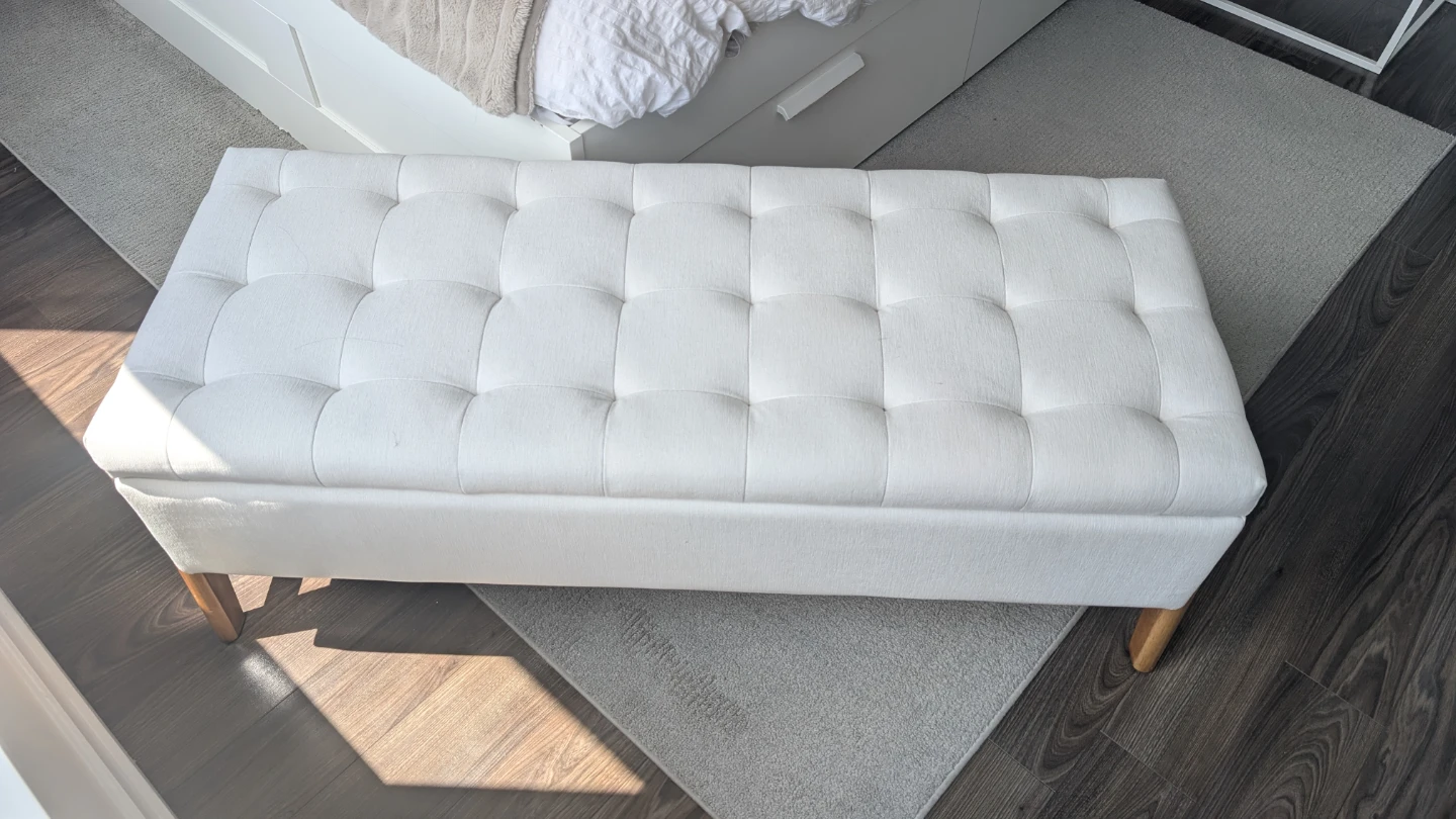 White Tufted Storage Bench with Wooden Legs - photo 4