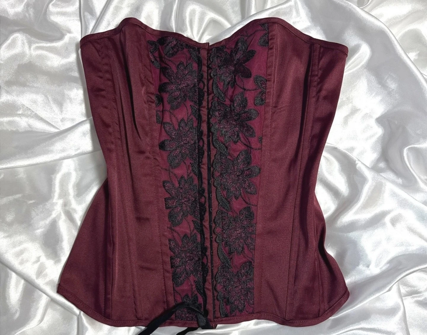 Burgundy Satin Corset with Black Lace