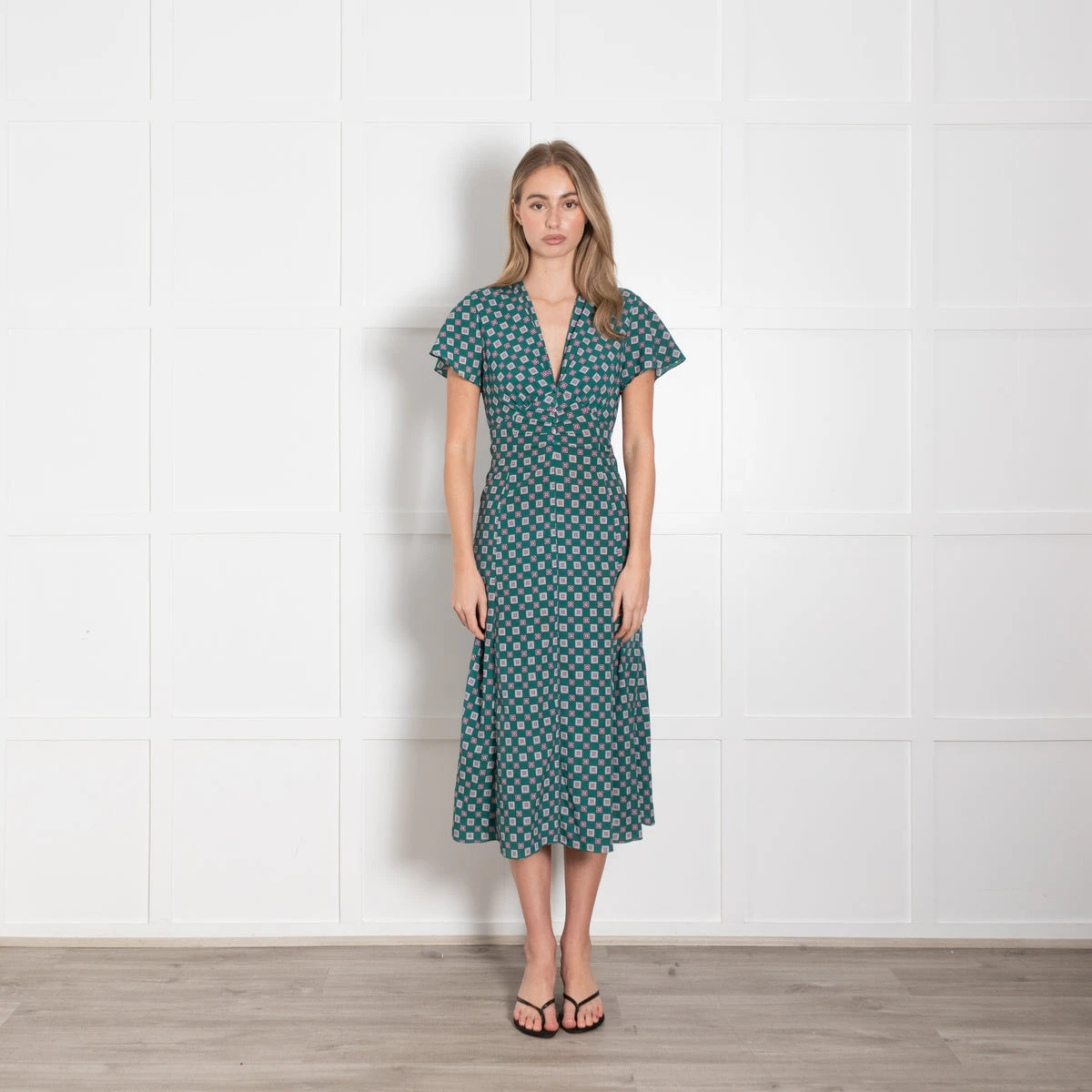 Sandro Green Burgundy Geometric Print V-Neck Midi Dress - photo 4