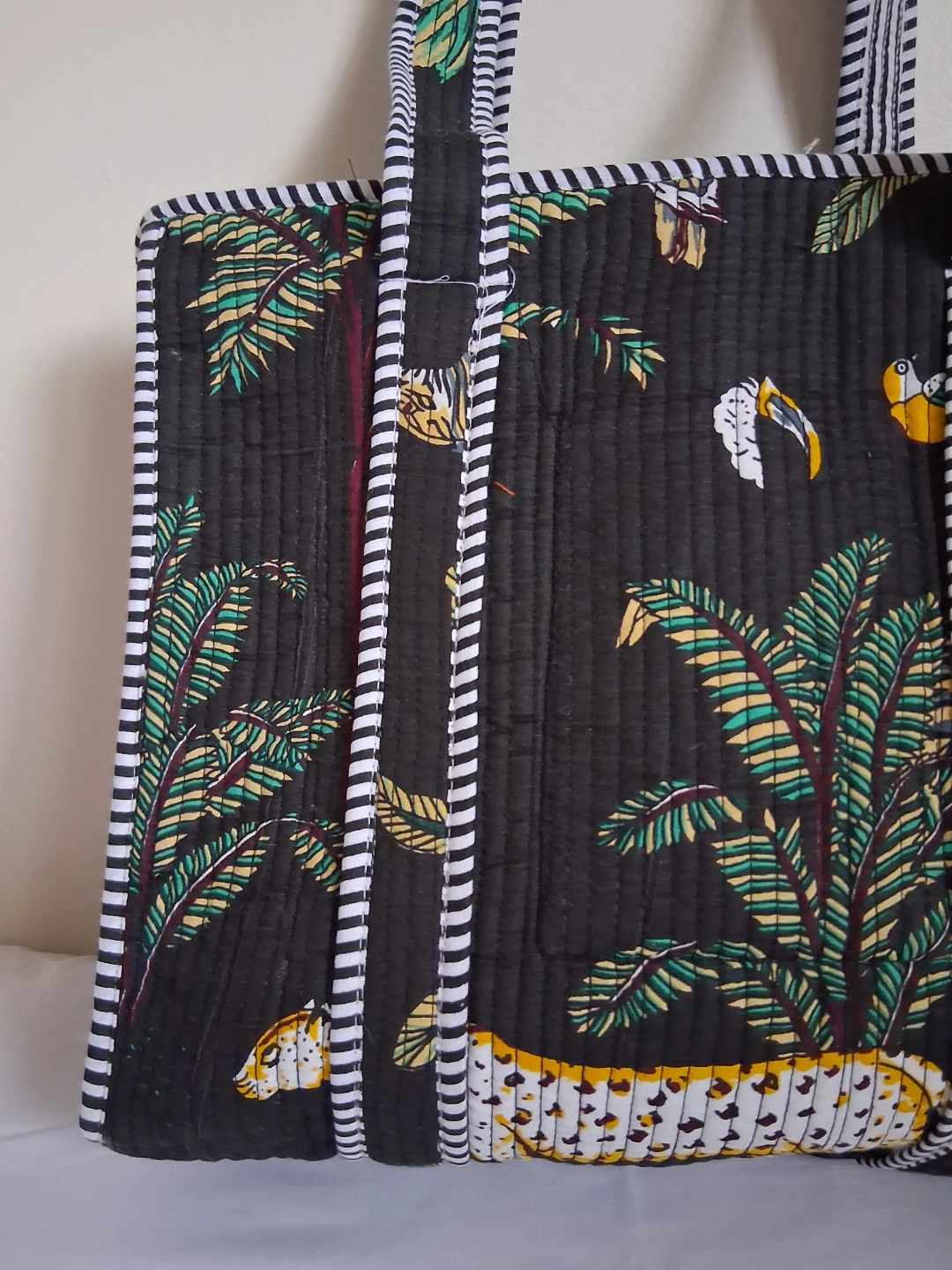Quilted Black Tote Bag with Tropical Print - photo 2