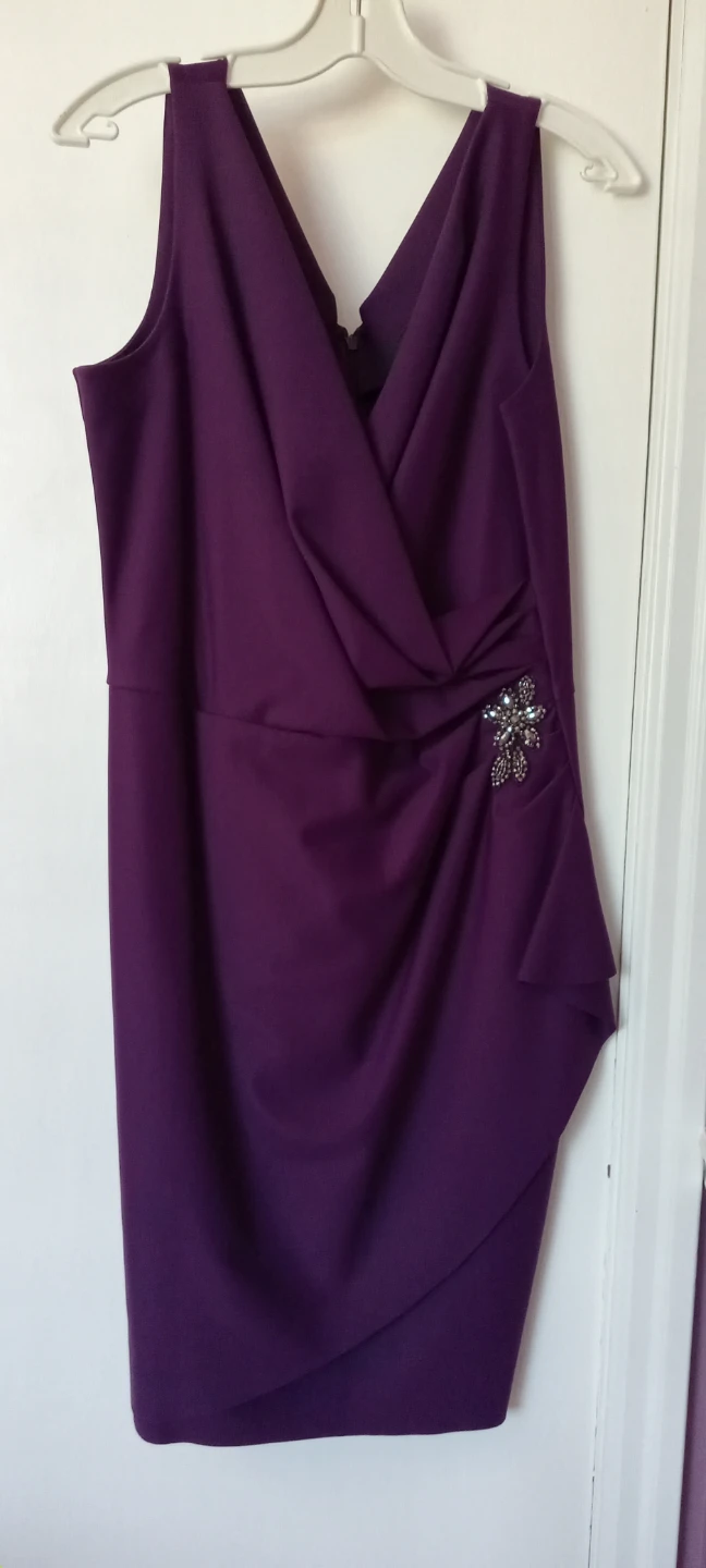 Purple V-Neck Ruched Dress with Brooch
