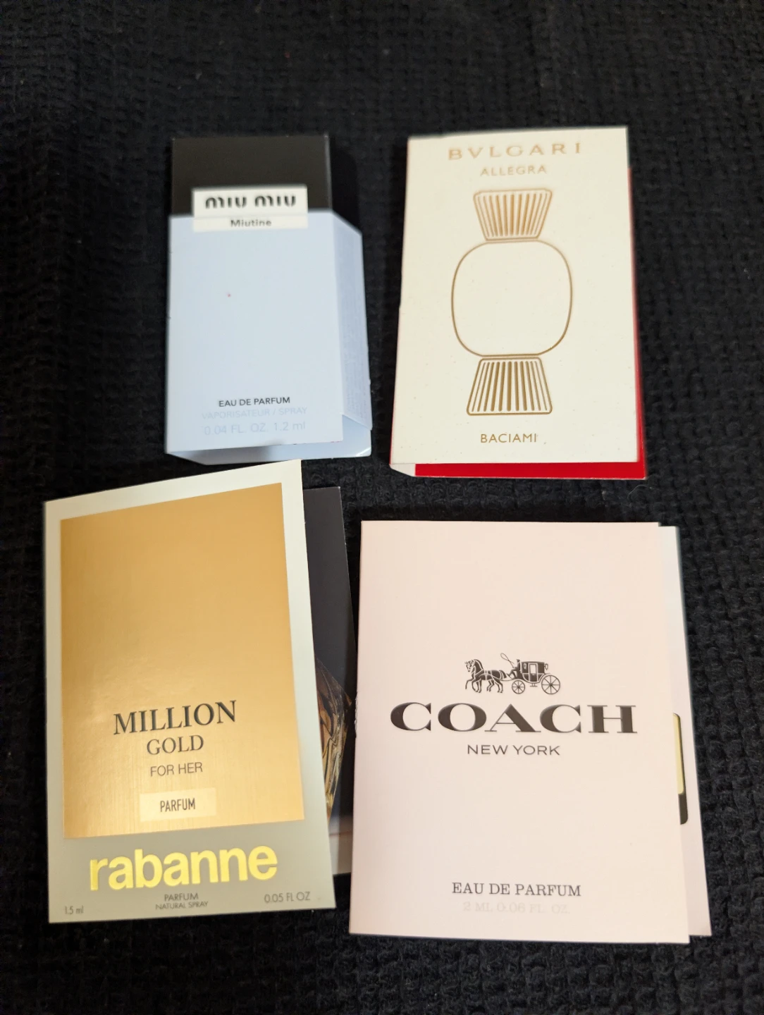 Sample perfume set - Miu Miu, Bvlgari, Rabanne, Coach