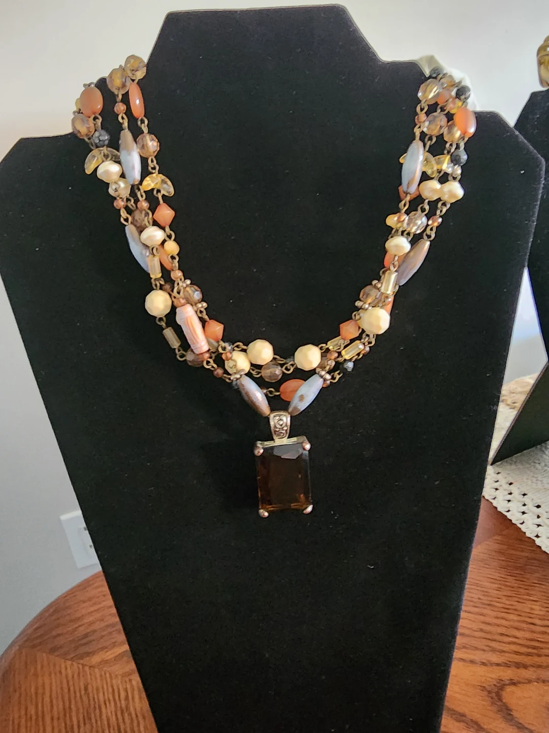 Layered Beaded Necklace with Large Brown Pendant