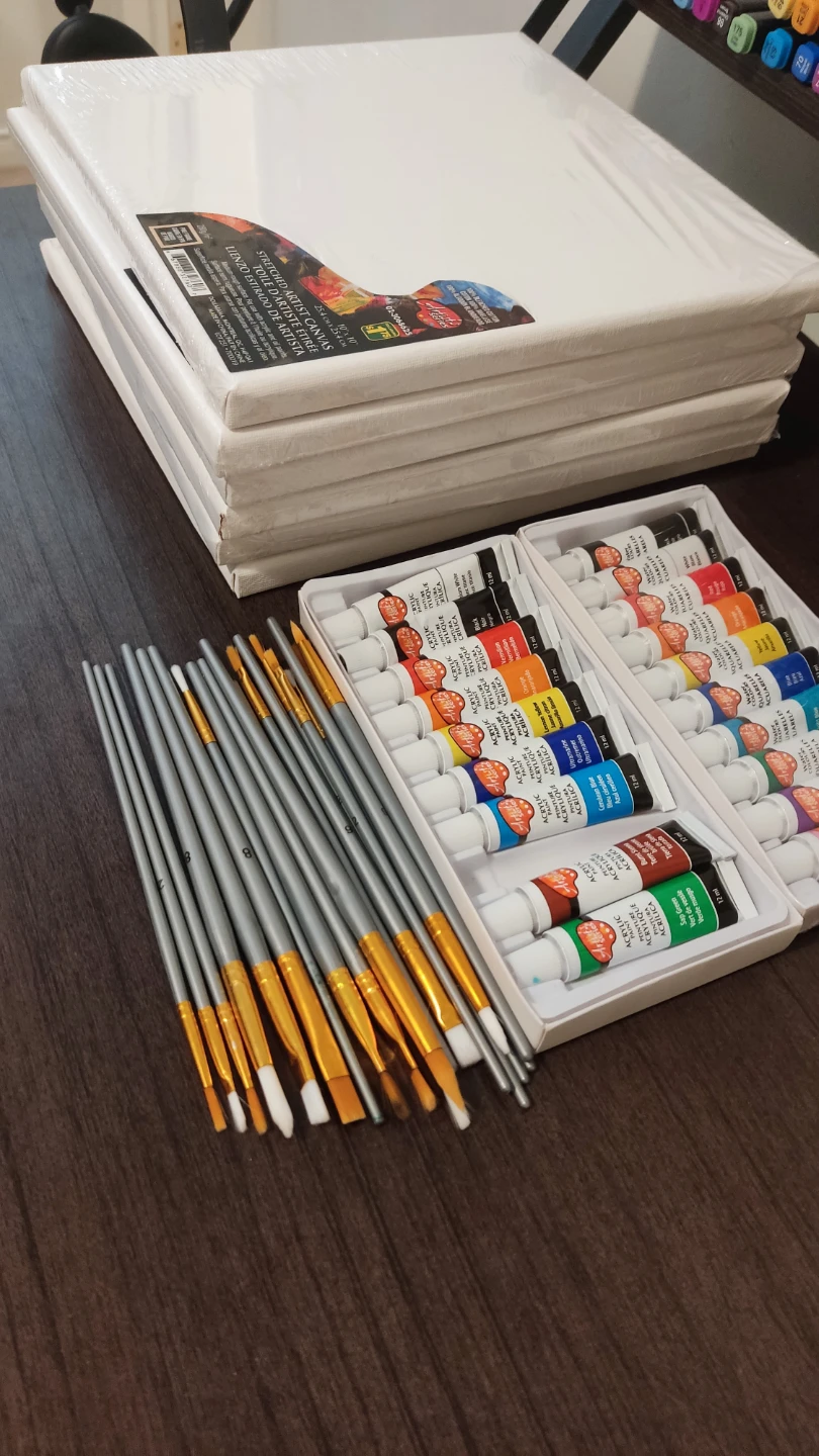 Creative set, canvas, watercolor, acrylic paint, brushes