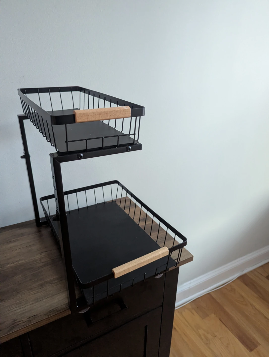 Set of 2-Tier Wire Storage Basket with Wood Handles