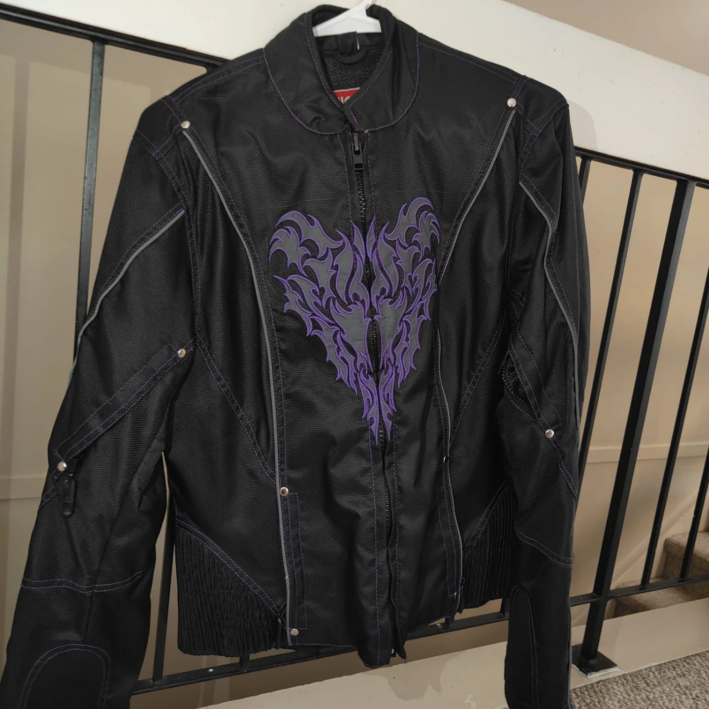 Black Motorcycle Jacket with Purple Flame Heart Design - photo 2