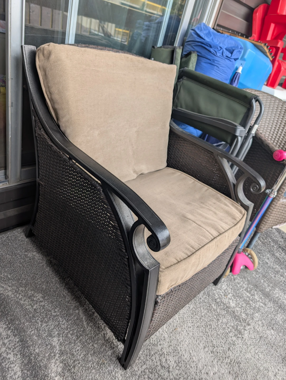 Wicker Patio Chair with Tan Cushions