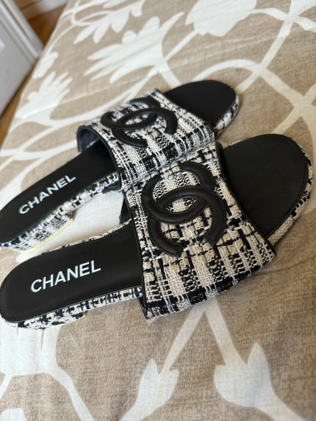 CHANEL Tweed Slides Sandals Black White Size 37