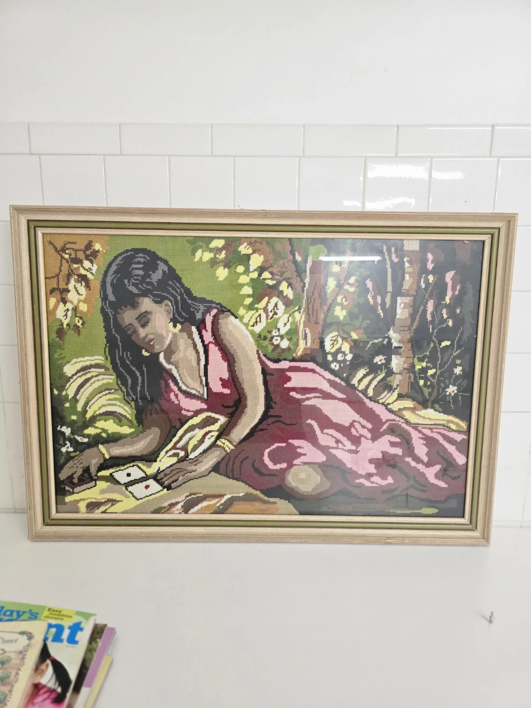 Framed Needlepoint Wall Art - Woman Playing Cards