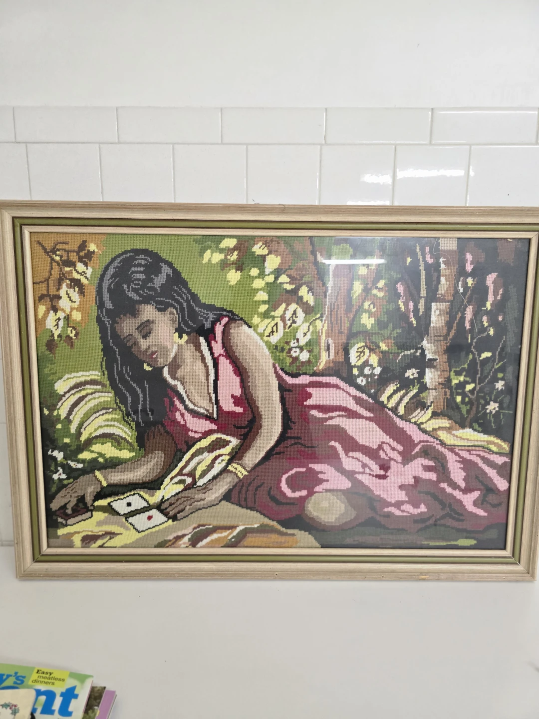 Framed Needlepoint Wall Art - Woman Playing Cards - photo 2