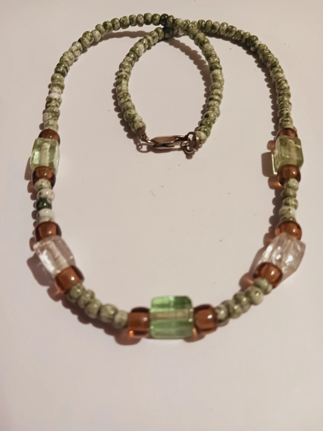 Sterling Silver 925 Beaded Necklace with Green and Amber Accents