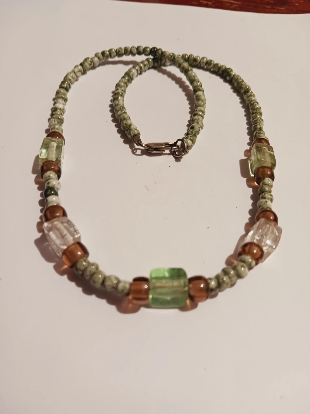 Sterling Silver 925 Beaded Necklace with Green and Amber Accents - photo 2