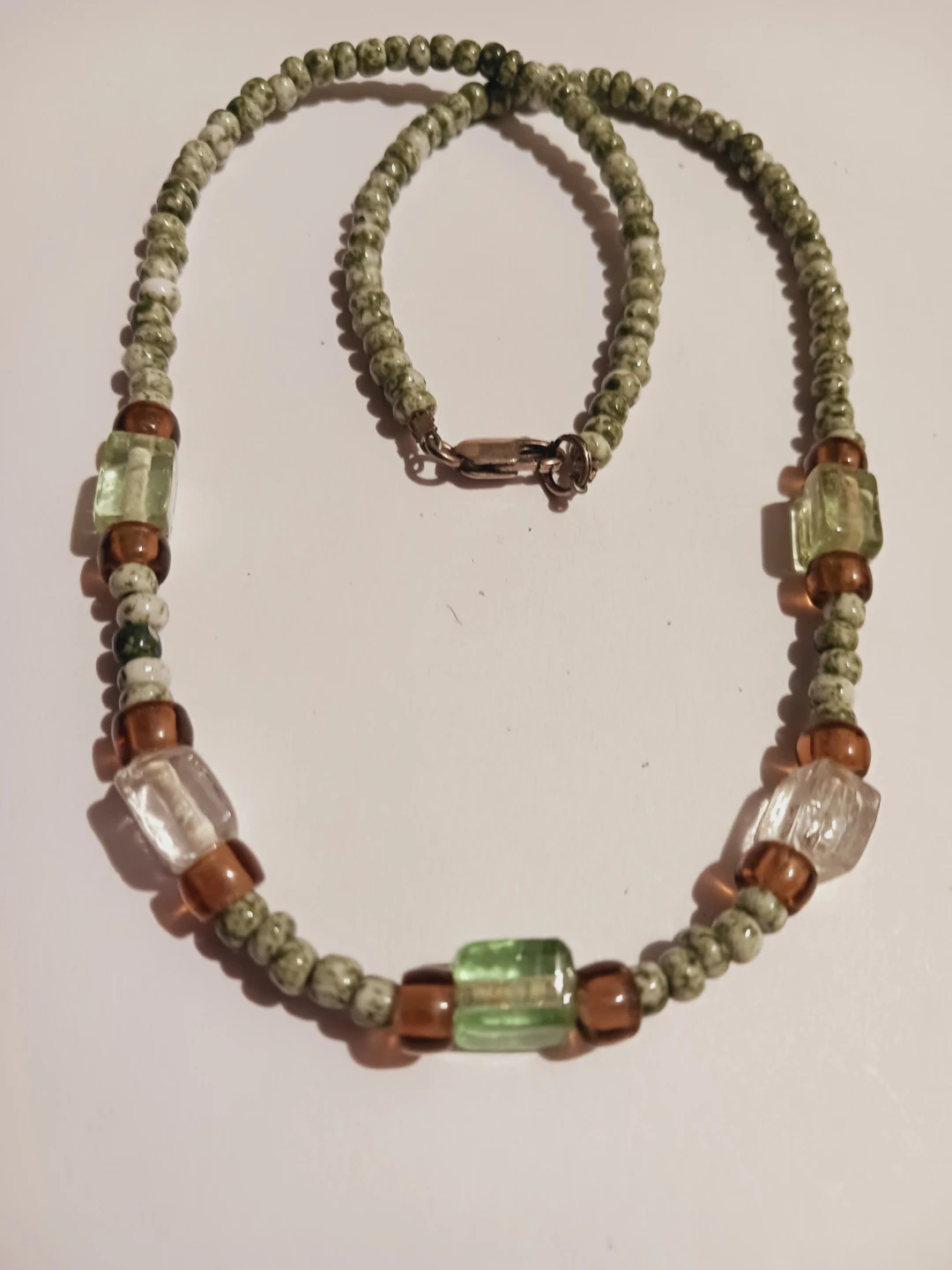 Sterling Silver 925 Beaded Necklace with Green and Amber Accents - photo 3