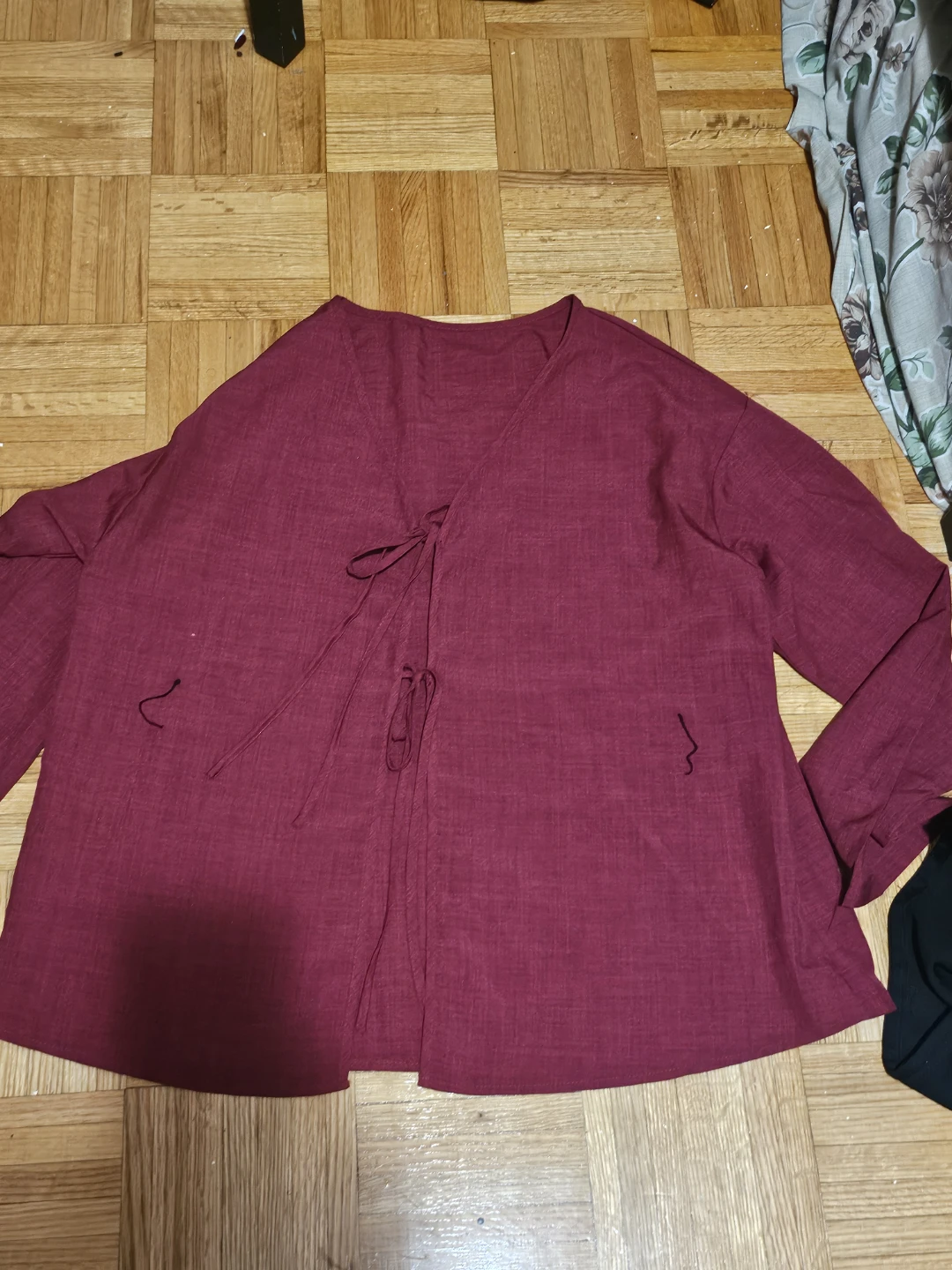Maroon Polyester V-Neck Tie-Front Top - XL