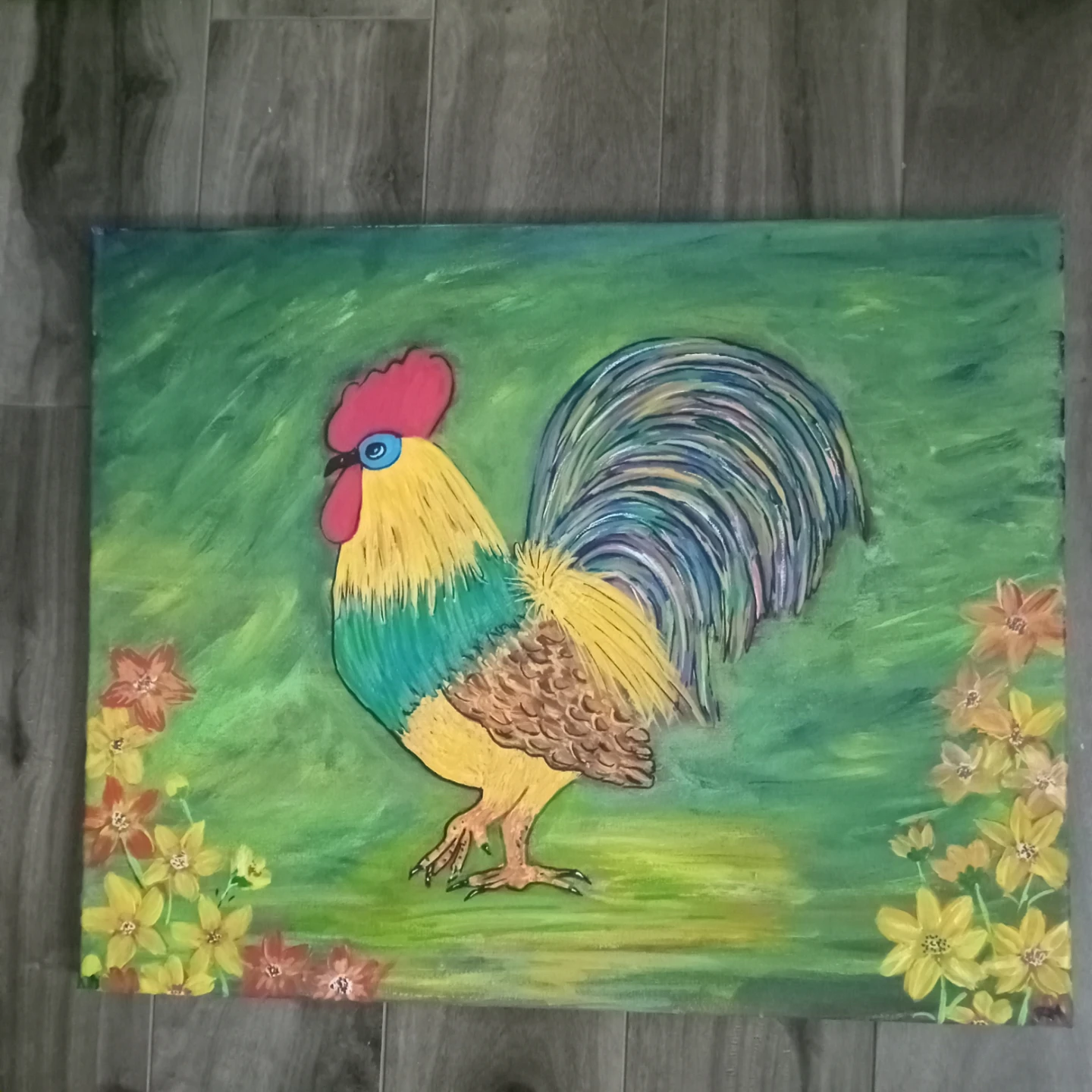 Painting of a Rooster with Flowers