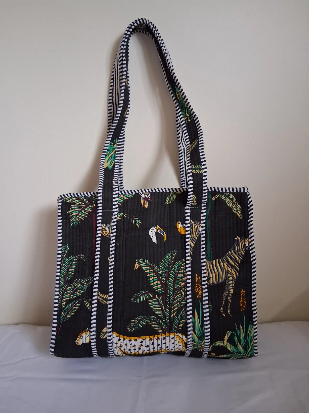 Quilted Black Tote Bag with Tropical Print