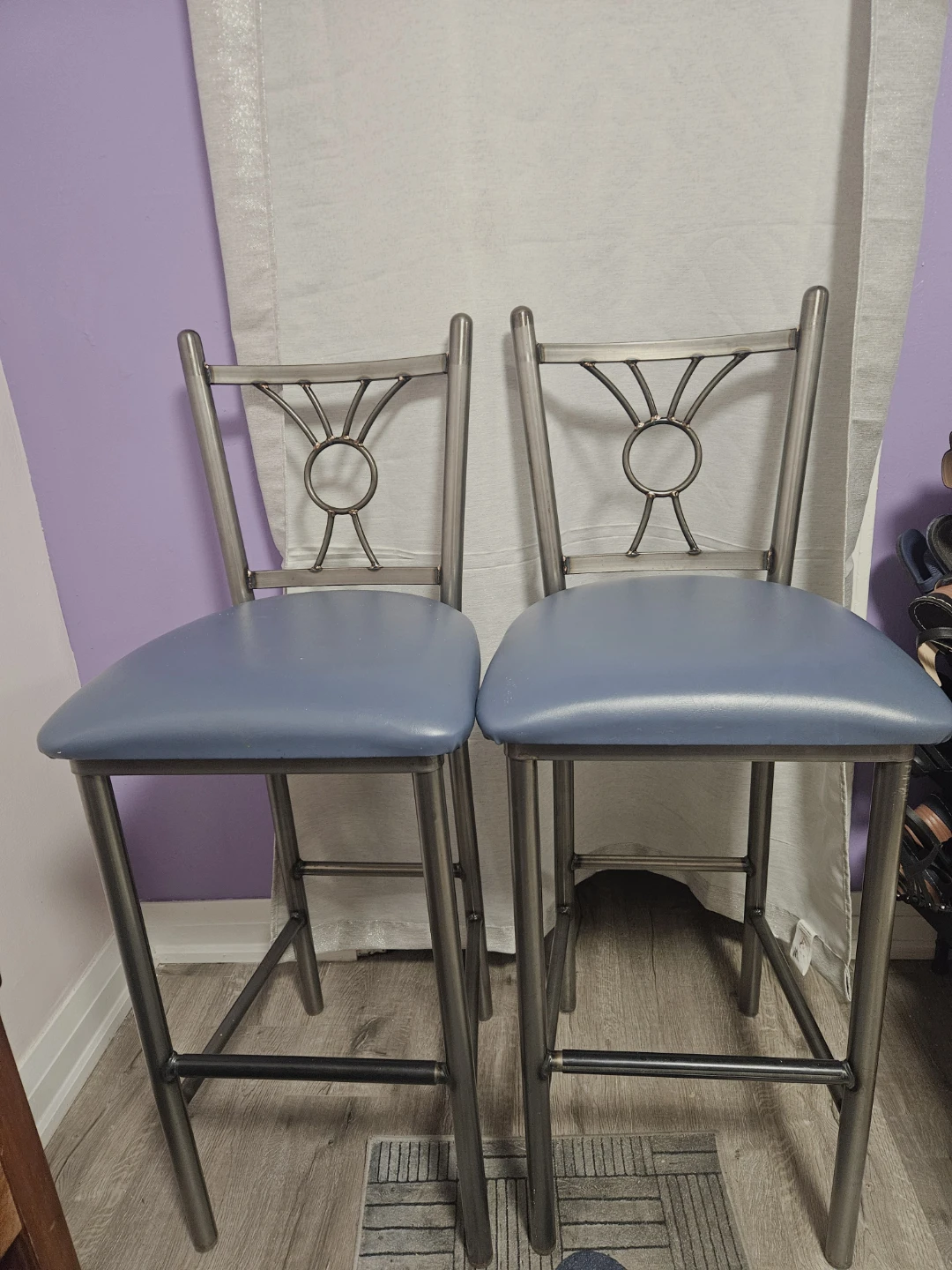 Set of 2 Bar Stools with Blue Padded Seats