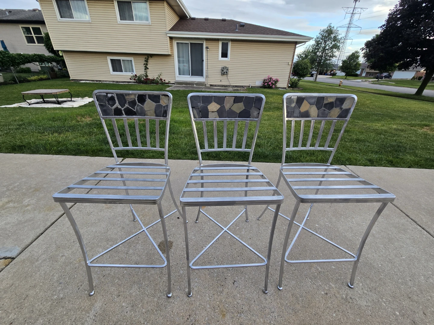 Set of 3 Metal Bar Stools with Stone Backs